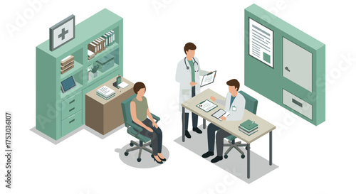 Isometric medical consultation scene in modern office setting