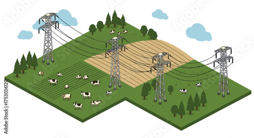 Isometric landscape with power lines and grazing cows in pasture