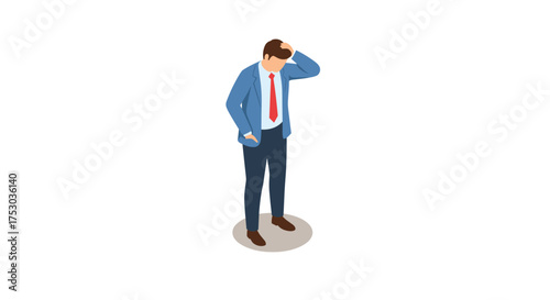 Businessman in blue suit checking empty pockets depicted in isometric style