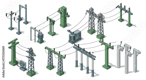 Isometric power line structures set with utility poles and transformers