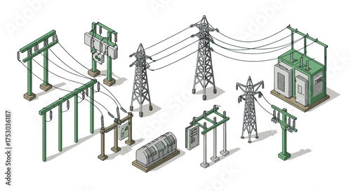 Isometric power grid components: transmission towers and substations