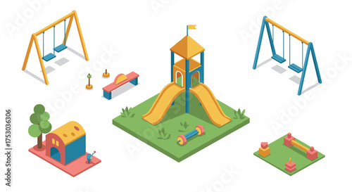 Colorful isometric playground with slides, swings, and toys for kids’ fun and adventure