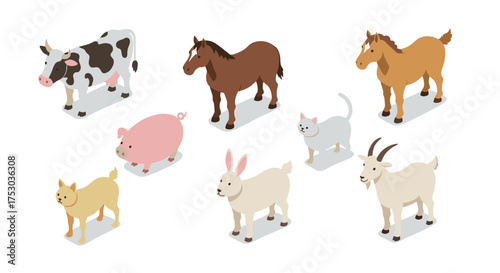 Isometric farm animals: cow, horse, pig, cat, dog, goat, rabbit collection for educational design