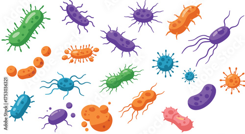 Colorful cartoon bacteria and viruses set with various shapes and vibrant colors