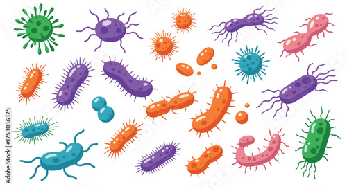 Flat colorful microbes and bacteria collection on white background
