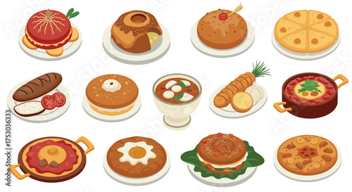 Delicious assorted isometric dishes featuring savory foods and desserts