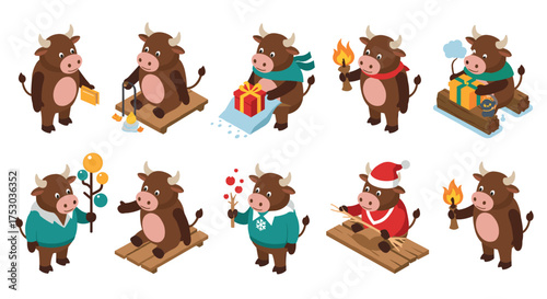 Festive bull characters in winter activities and holiday outfits isometric set