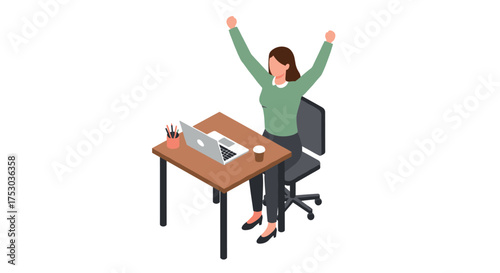 Isometric celebration at work: woman rejoicing at desk with laptop