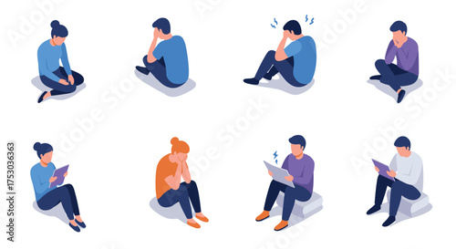 People sitting in various poses showing sadness and stress in flat style