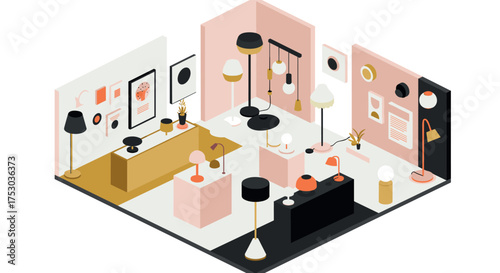 Modern isometric interior design of lighting showroom with stylish lamps and decor