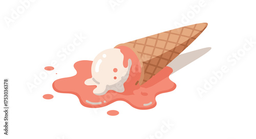 Melting ice cream delight on waffle cone in flat design
