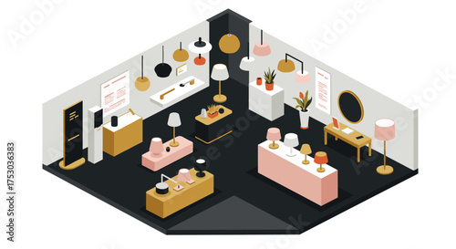 Isometric interior of modern lamp store featuring stylish lighting fixtures