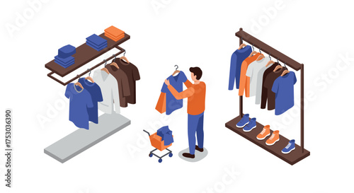 Isometric clothing store shopping scene with male customer choosing outfit