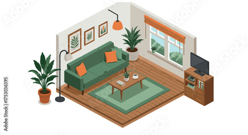 Cozy living room interior with green sofa and wooden elements in isometric design