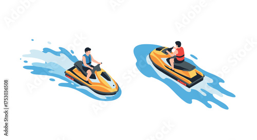 Isometric jet skiing adventure with two riders on splashing water