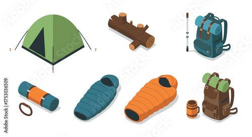 Isometric camping gear collection: tent, backpacks, sleeping bags and more