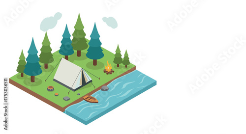Isometric camping scene with tent, river, and forest trees