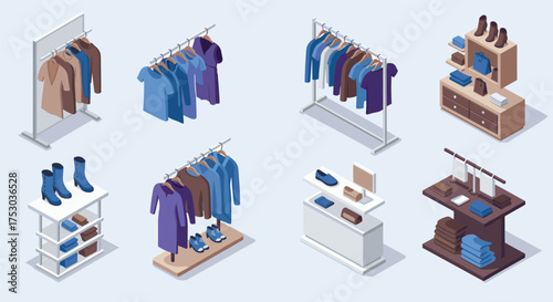 Isometric clothing store display with racks and shelves for fashion retail design