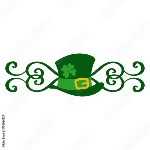 Logo con sombrero de leprechaun con trébol de cuatro hojas con filigrana caligráfica. Silueta con florituras para tarjetas y felicitaciones de San Patricio