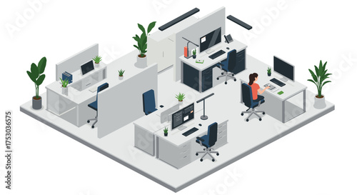 Modern isometric office workspace with desks, plants, and computers