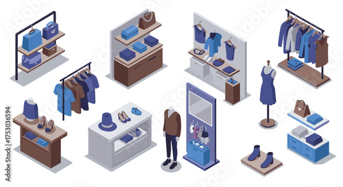 Isometric fashion boutique display: clothing and accessories in a modern retail setting