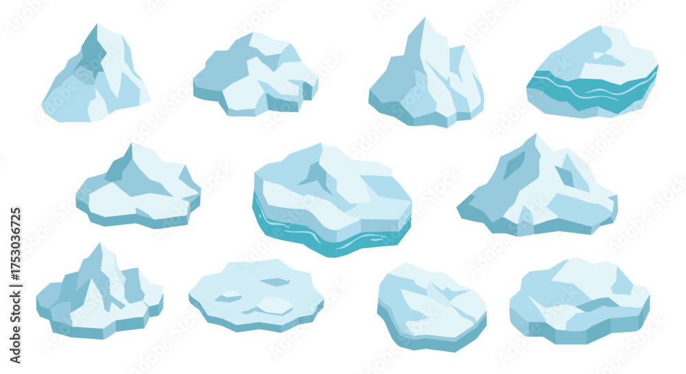 Fototapeta premium Collection of isometric icebergs with blue and white geometric shapes for arctic designs