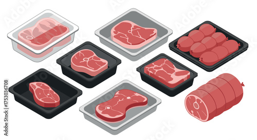 Assorted packaged meat cuts in isometric view for food retail and design