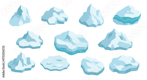 Collection of isometric icebergs with blue and white geometric shapes for arctic designs