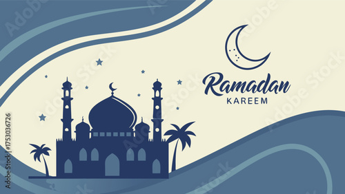 Elegant Ramadan Kareem mosque silhouette with crescent moon and palm trees evoking spiritual celebration and cultural festivity