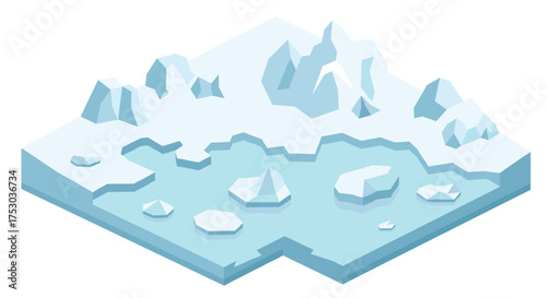 Isometric arctic landscape with icebergs and frozen lake in minimalist style