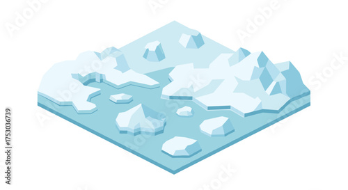 Isometric arctic iceberg landscape with floating ice pieces