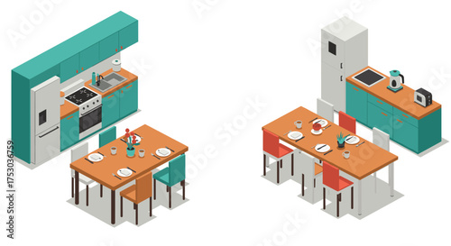 Modern isometric kitchen design with dining area