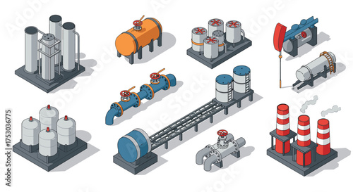 Industrial isometric oil and gas equipment elements for infographics