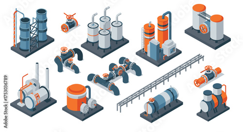 Isometric industrial equipment set with tanks and pipelines