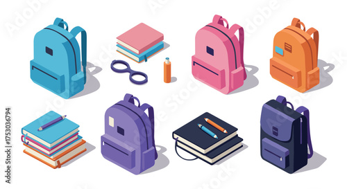 Isometric backpacks and books: modern school supplies in vibrant colors