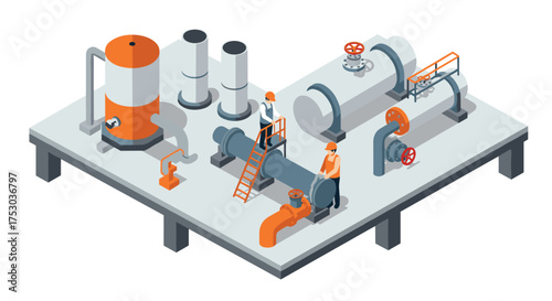 Isometric industrial facility with workers and machinery