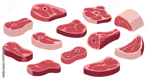 Variety of raw meat cuts in modern flat design on white background
