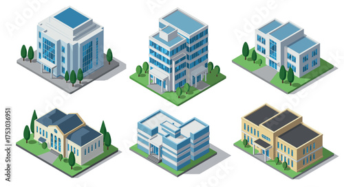 Modern isometric building collection featuring offices and apartments
