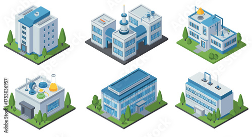 Isometric modern buildings set with scientific and technological architecture