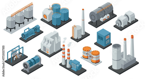 Isometric industrial equipment icons: tanks, pipes, and machinery in blue and gray
