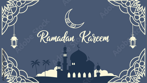 Elegant Ramadan Kareem greeting with mosque silhouette, crescent moon, and lanterns, celebrating Islamic tradition and blessings