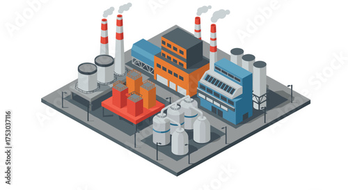 Isometric industrial factory complex with modern buildings and smokestacks