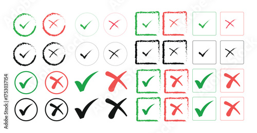 Checkmark and Crossmark Icon Set  Abstract Symbols with Circle and Square Borders for UI, Forms, and Web Design