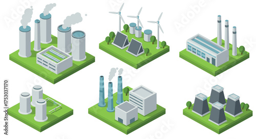 Energy facility icons in isometric style featuring factories and renewable energy sources