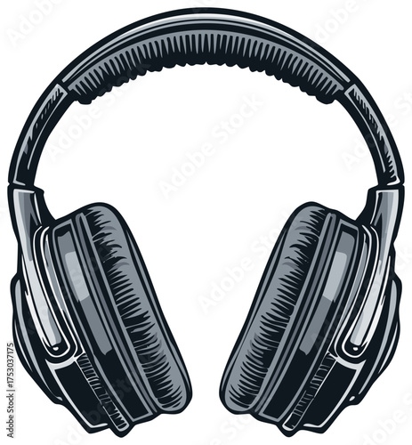 Vintage Style Black and White Over Ear Headphones Graphic Vector