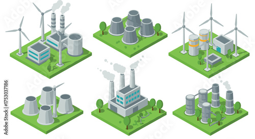 Isometric industrial power plants set with wind turbines and cooling towers