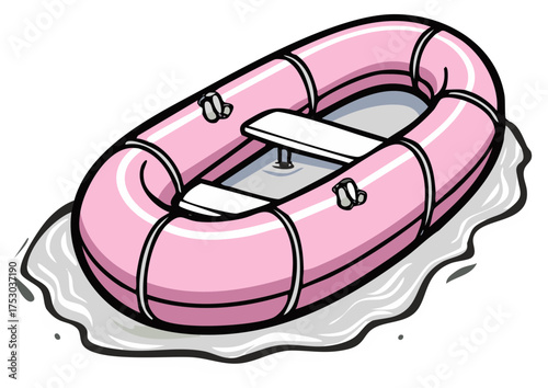 Pink inflatable raft floating on the water Cartoon illustration