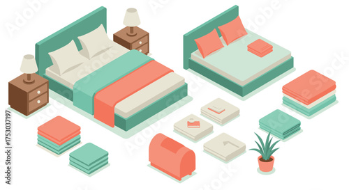 Cozy isometric bedroom scene with double bed, nightstand, and folded linens