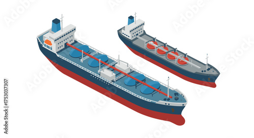 Isometric cargo ships: modern tanker freighters in detailed maritime design