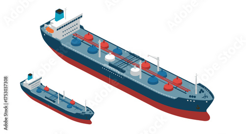 Isometric freight cargo ships with containers in red and blue tones